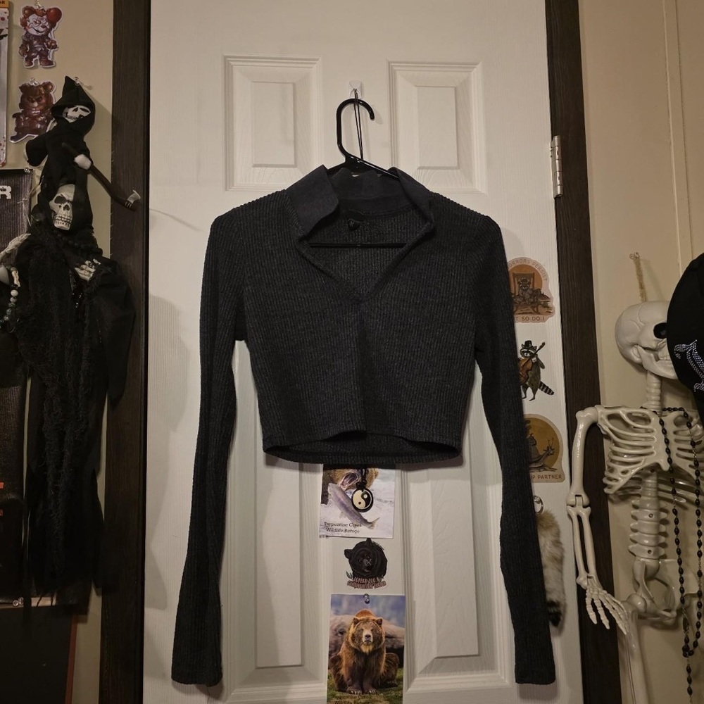 wild fable Charcoal Ribbed Cropped Polo Sweater